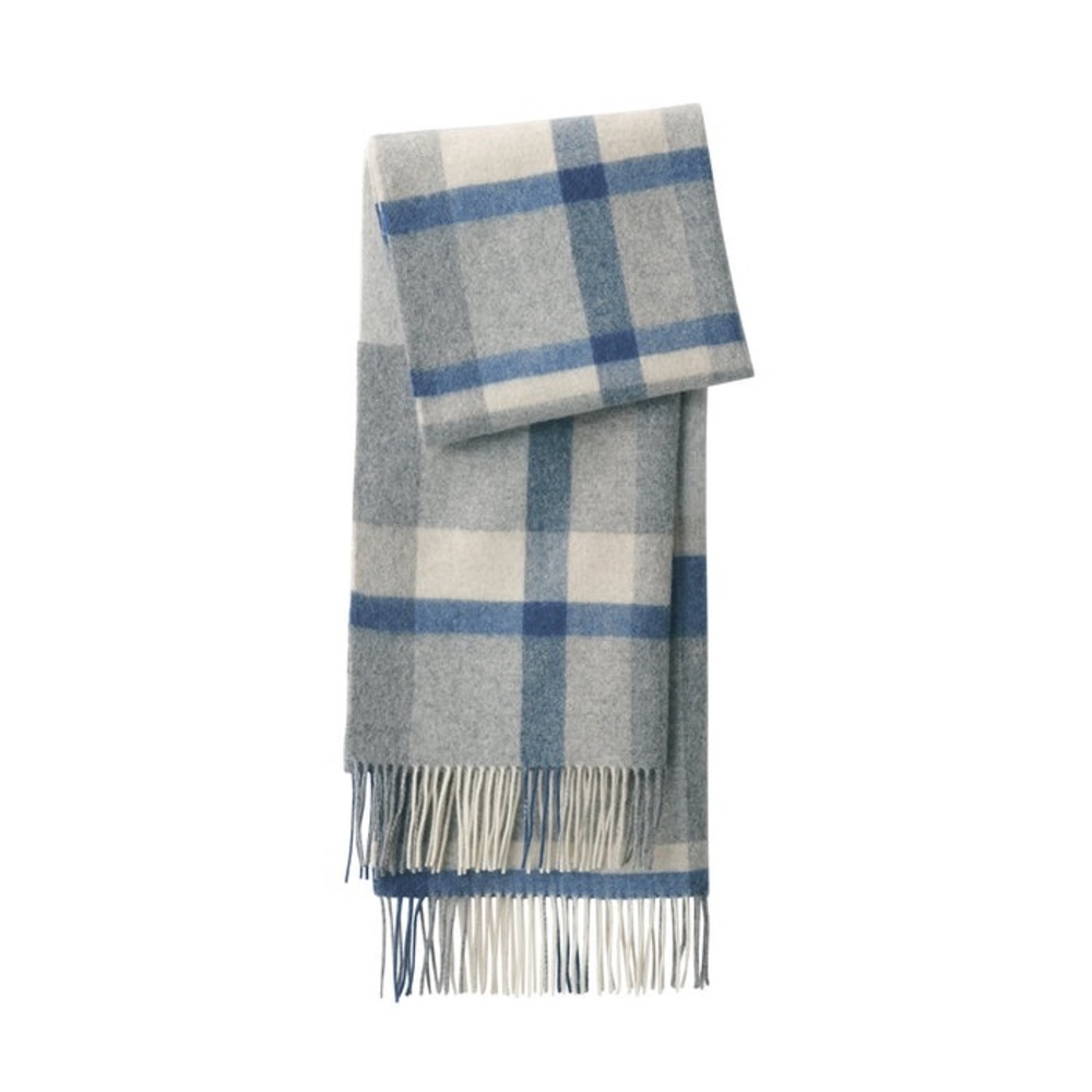 MUJI Wool Winter Blanket Patterned Stole Scarf Blue and Grey Plaid